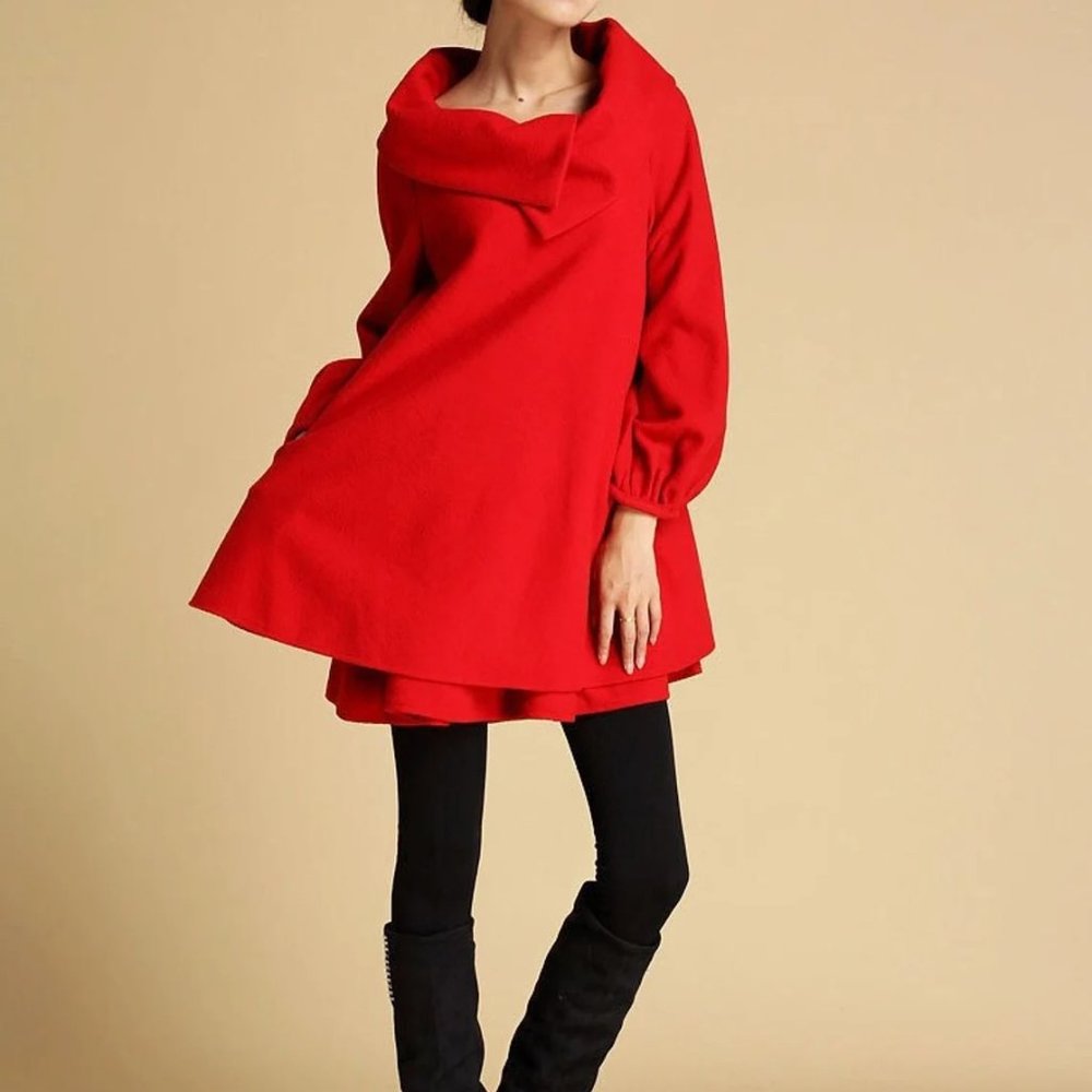 Winter Wool Tunic Dress Women, Red Swing Wool Dress